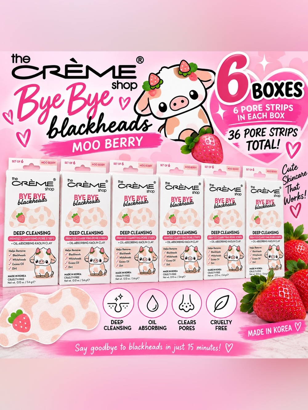 6 boxes -🍓 The Crème Shop Bye Bye Blackheads – Moo Berry Pore Strips